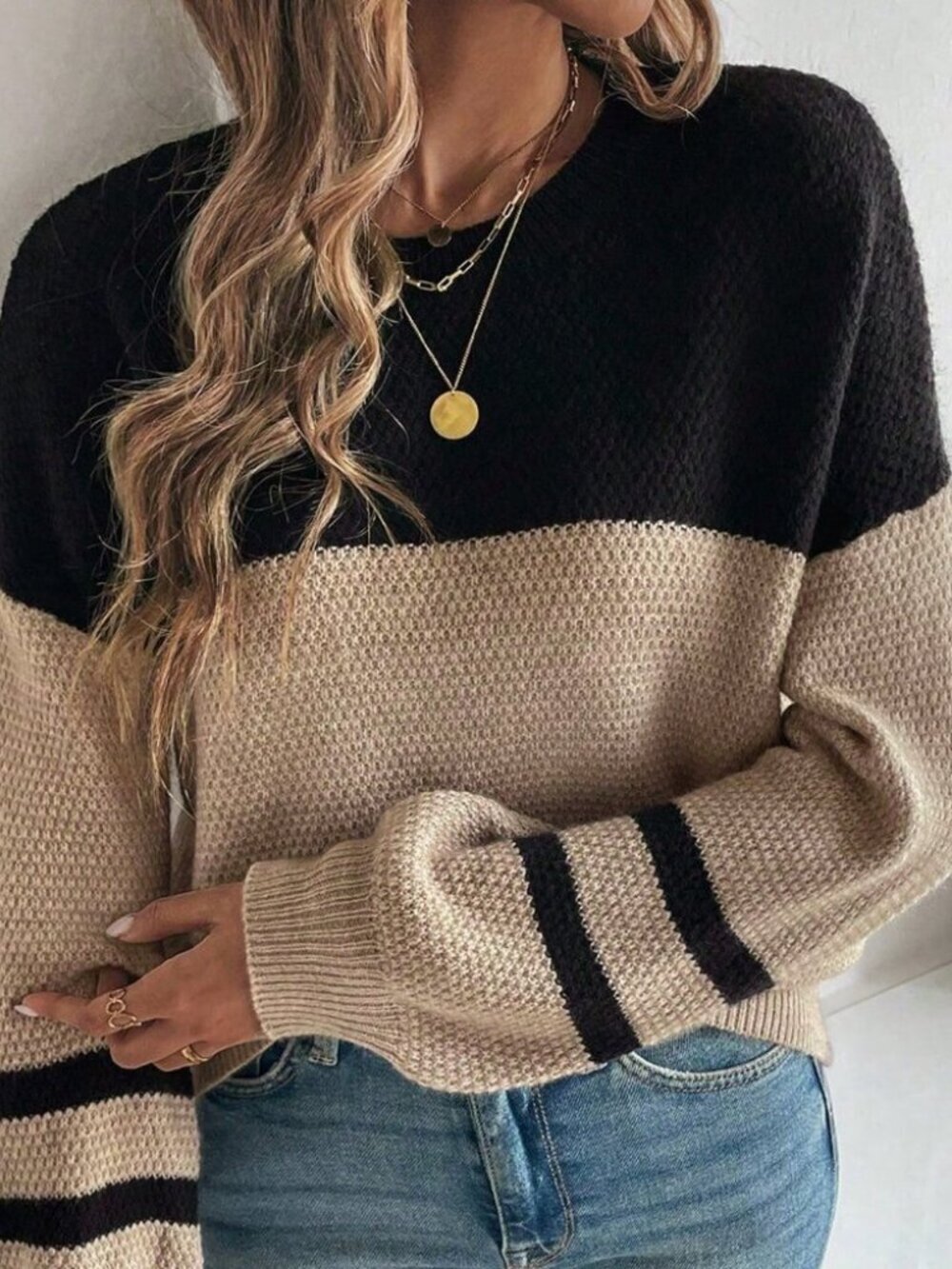 Mocha Brown Casual Color Block Women's Drop Shoulder Sweater
